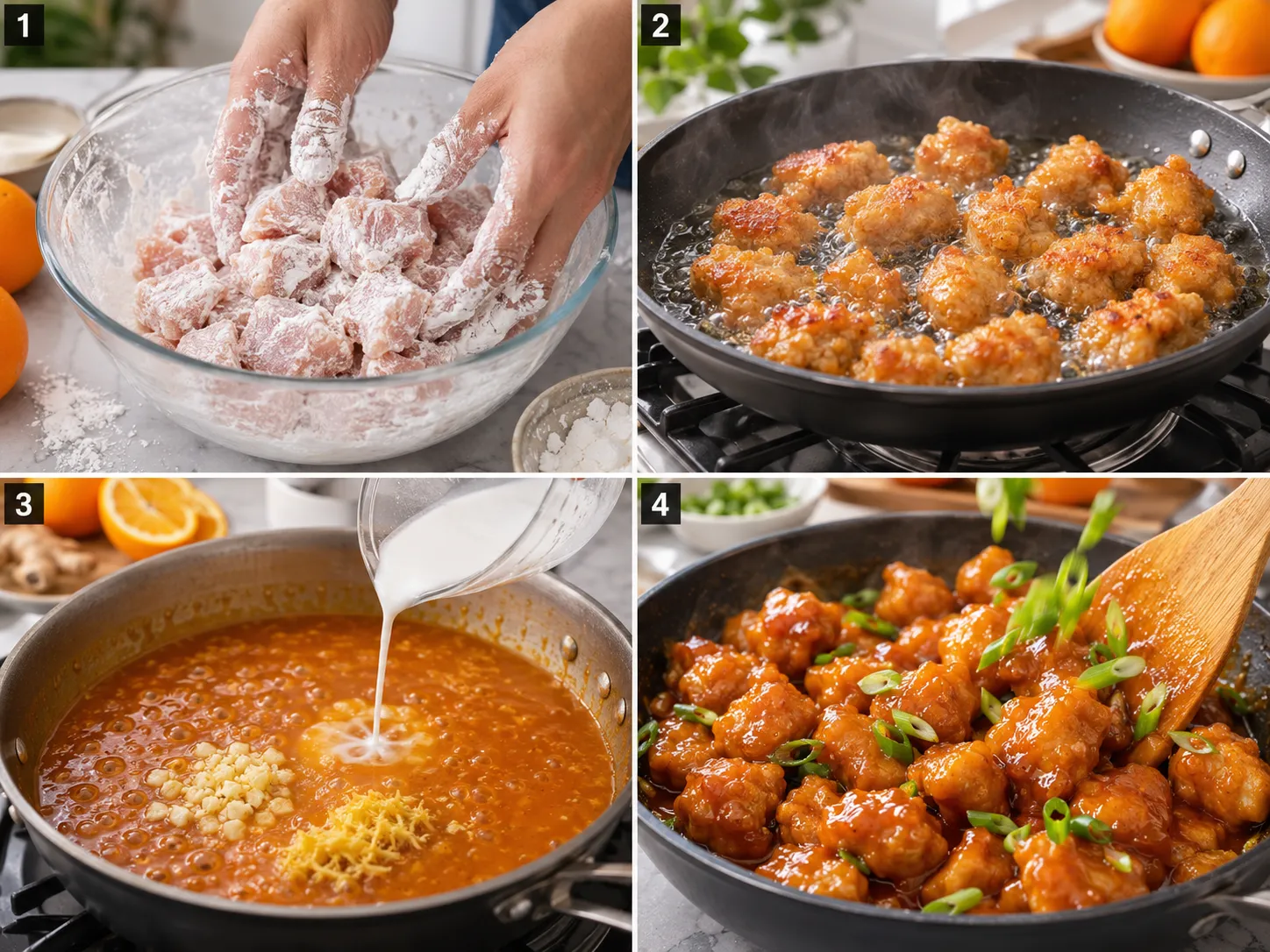 Four cooking steps for orange chicken bites from coating to glazing