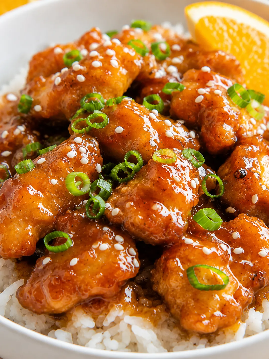 Glossy orange chicken bites with sesame seeds and green onions over rice