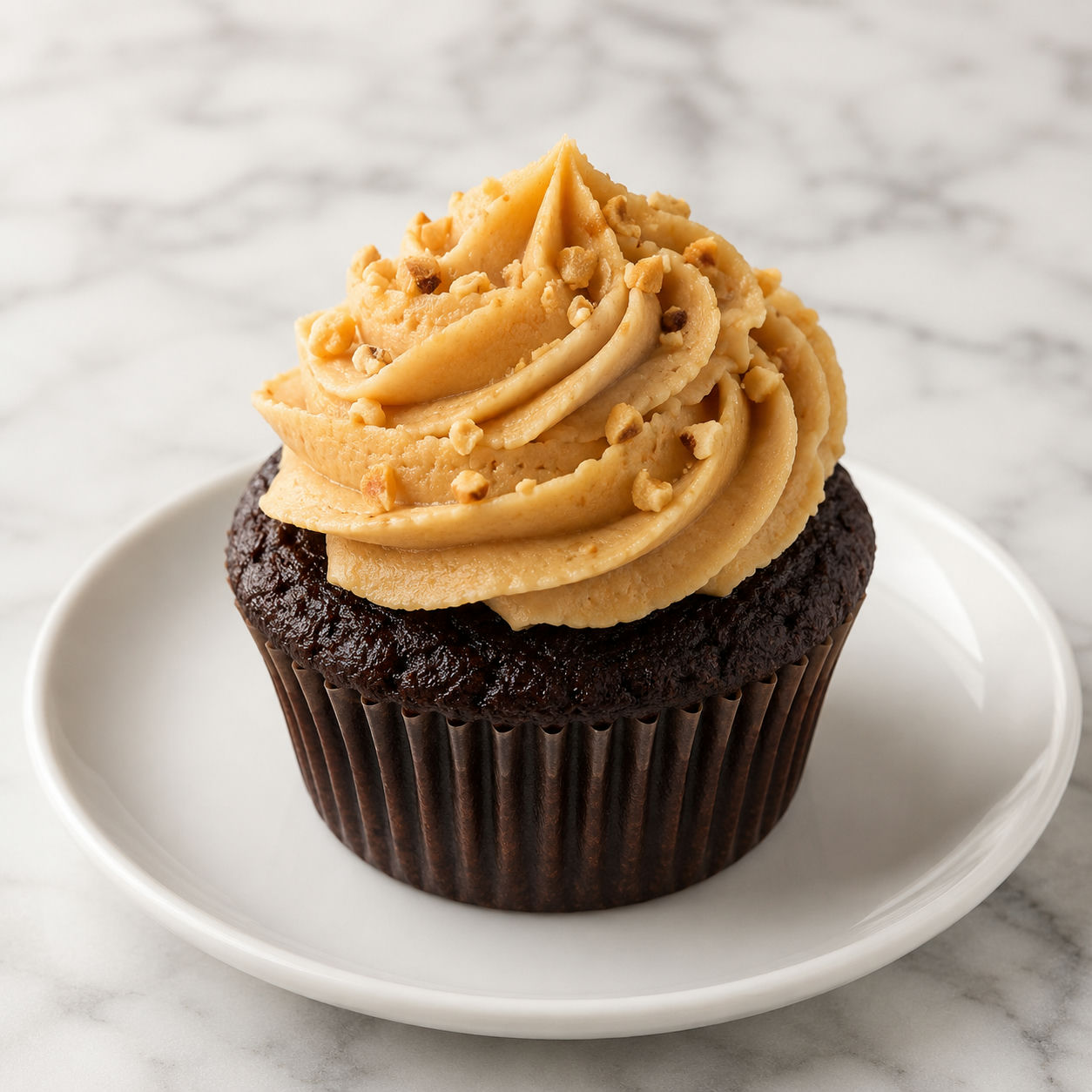 Peanut butter frosting swirled on a dark chocolate cupcake with crushed peanuts on top