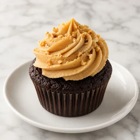 Peanut butter frosting swirled on a dark chocolate cupcake with crushed peanuts on top