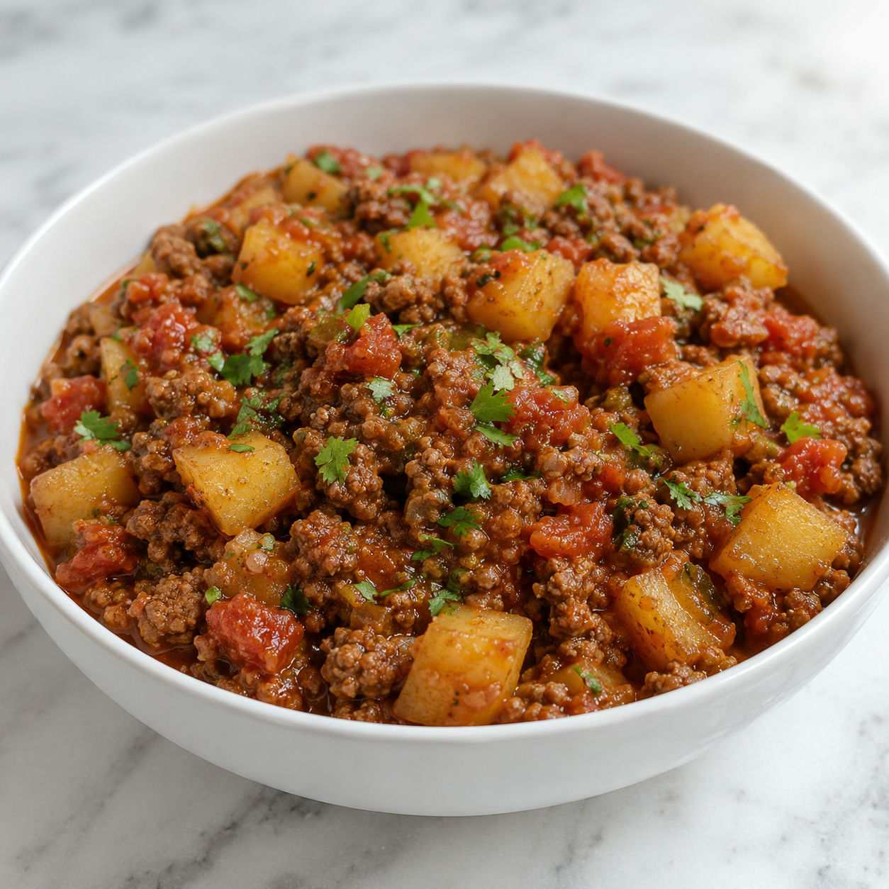 Homemade picadillo with beef, potatoes, cilantro, and lime in a bowl