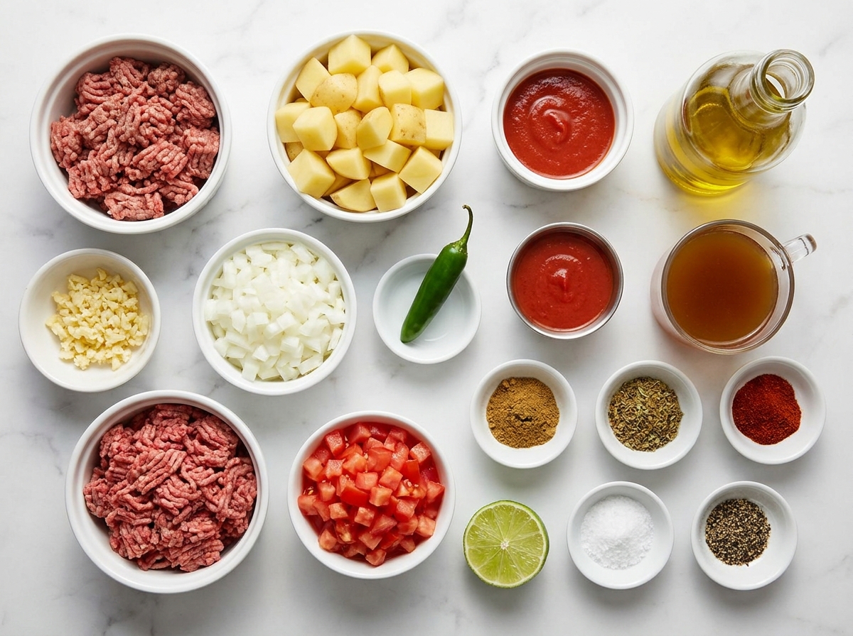 Raw ingredients for homemade picadillo with beef, potatoes, tomatoes, and spices