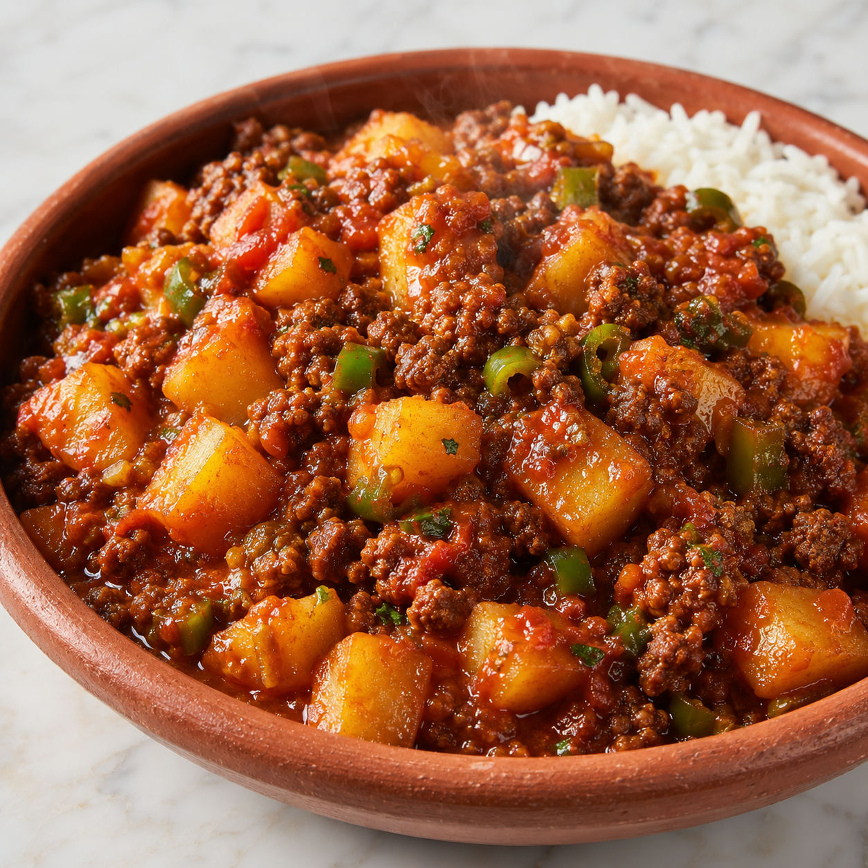 Homemade picadillo with ground beef and golden potatoes in a brick-red tomato sauce in a terracotta bowl