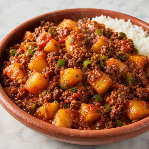 Homemade picadillo with ground beef and golden potatoes in a brick-red tomato sauce in a terracotta bowl