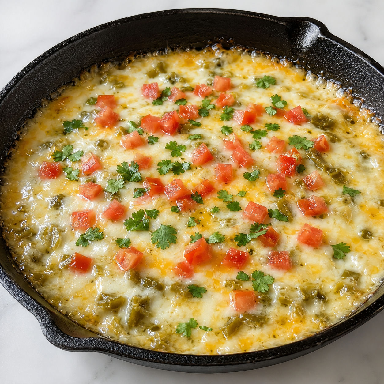Bubbling queso fundido in a cast-iron skillet with green chiles, cilantro and lime