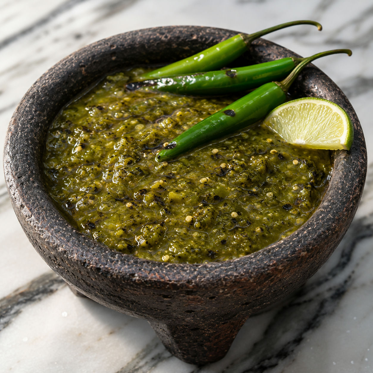 Homemade salsa pecante in a clay molcajete with serrano peppers and a lime wedge