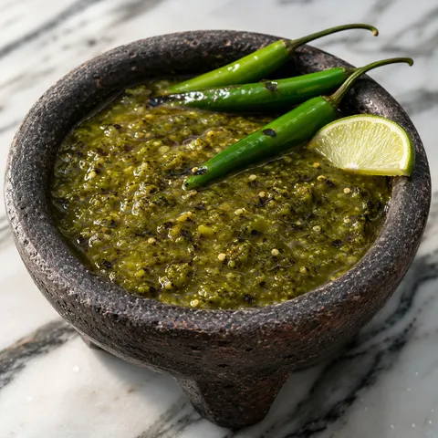 Homemade salsa pecante in a clay molcajete with serrano peppers and a lime wedge