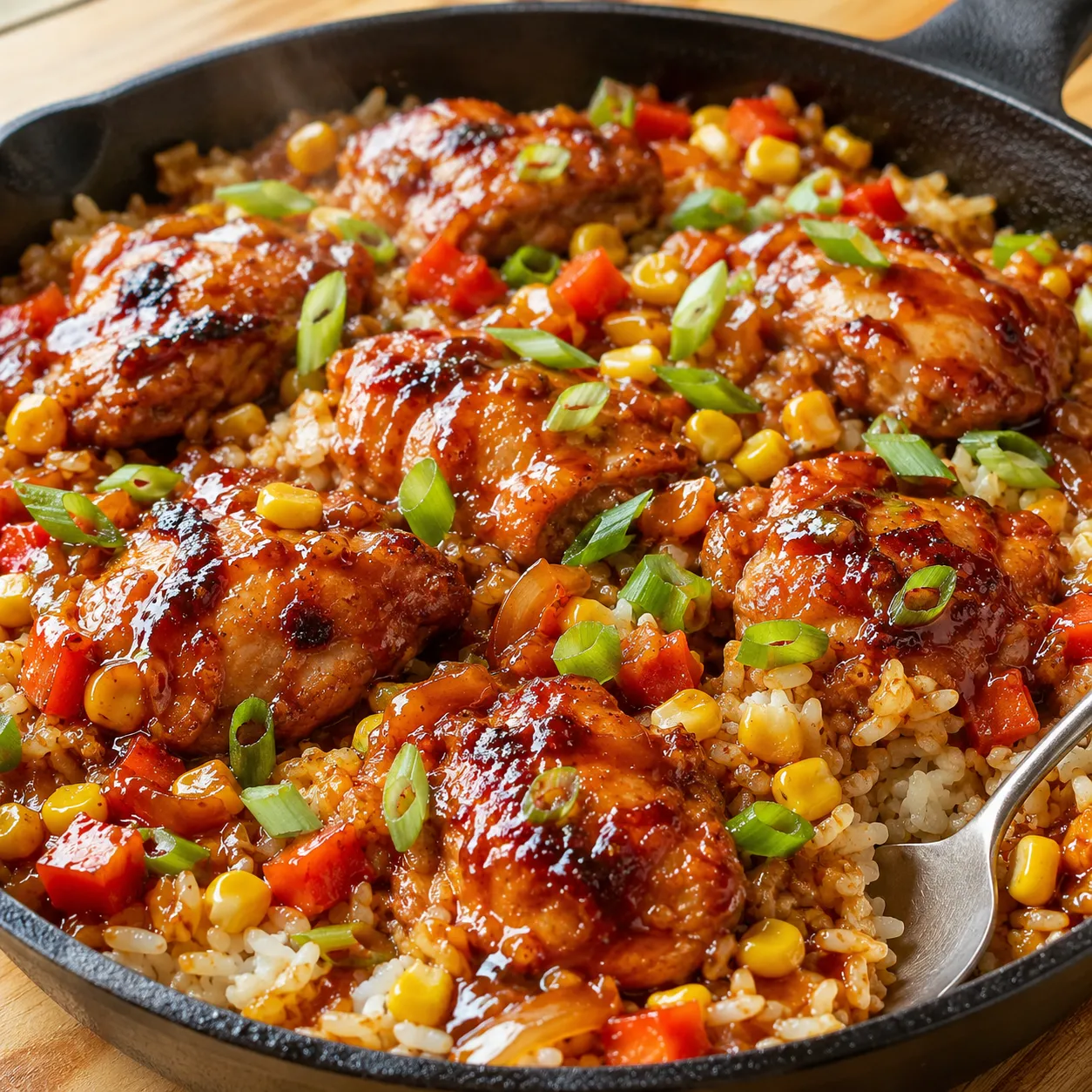 Honey BBQ chicken rice skillet with corn, peppers, and green onions
