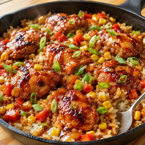 Honey BBQ chicken rice skillet with corn, peppers, and green onions