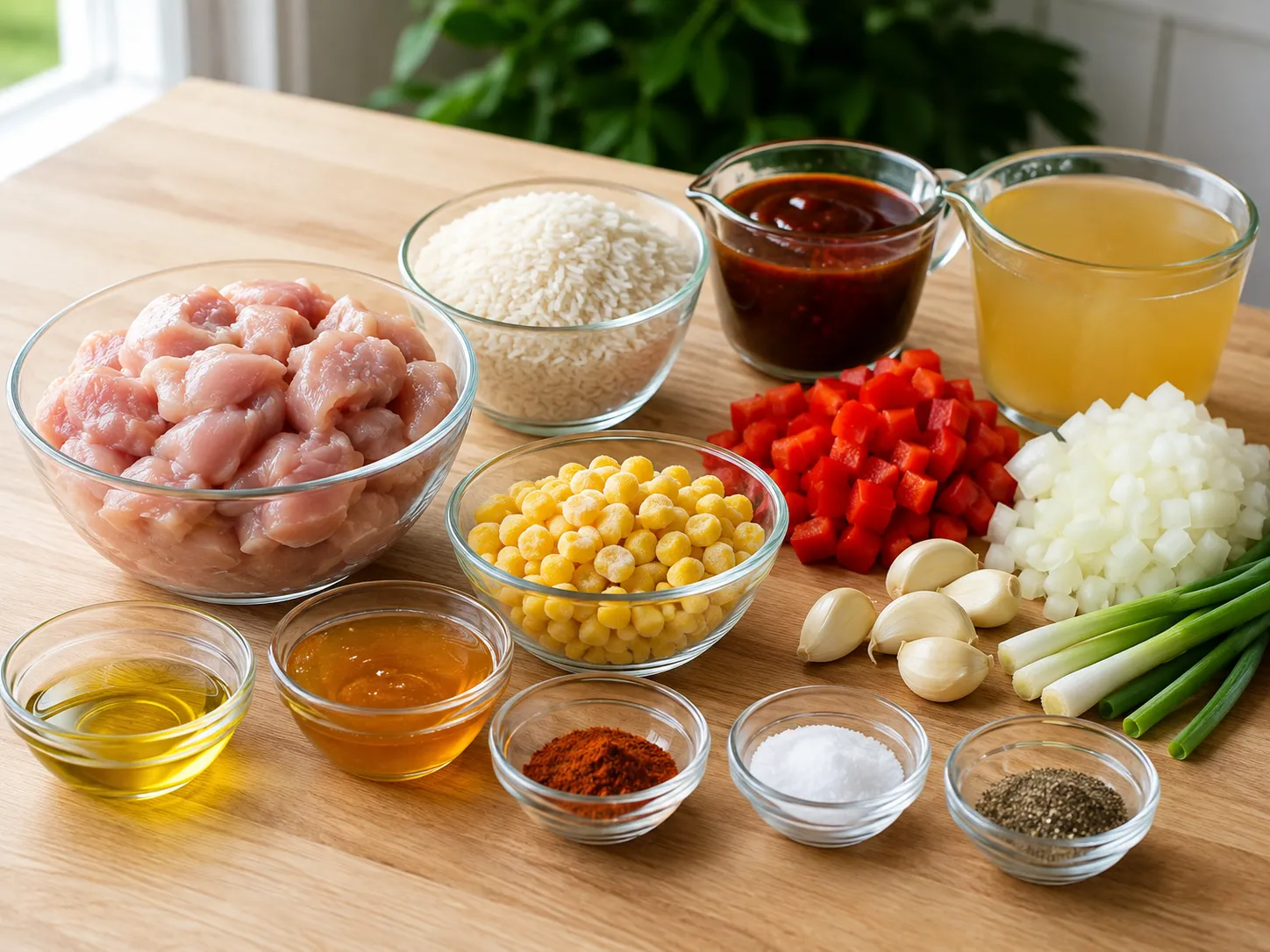 Ingredients for Honey BBQ chicken rice skillet arranged on a wood surface