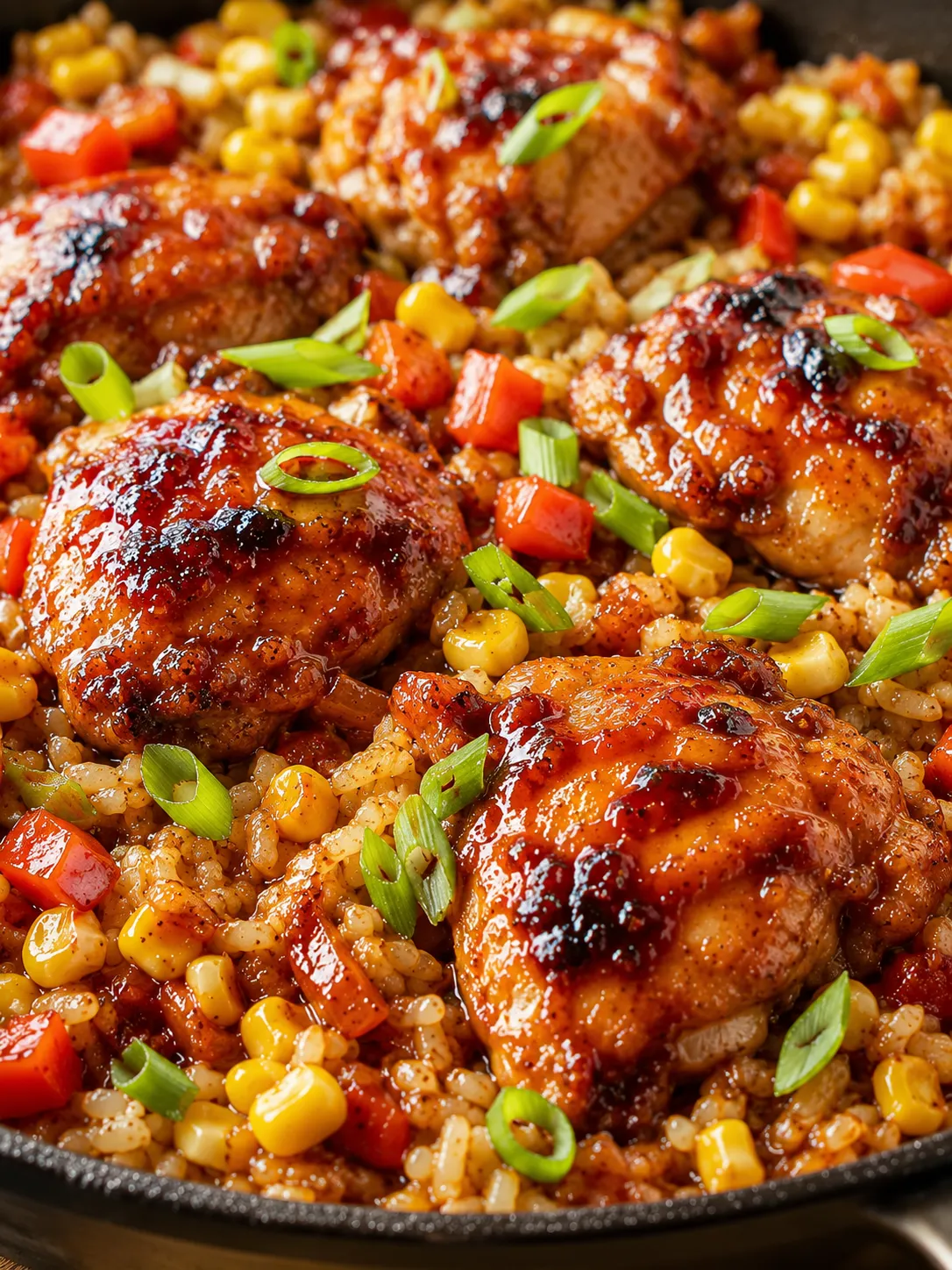 Honey BBQ chicken rice skillet with glossy chicken, rice, corn, and peppers