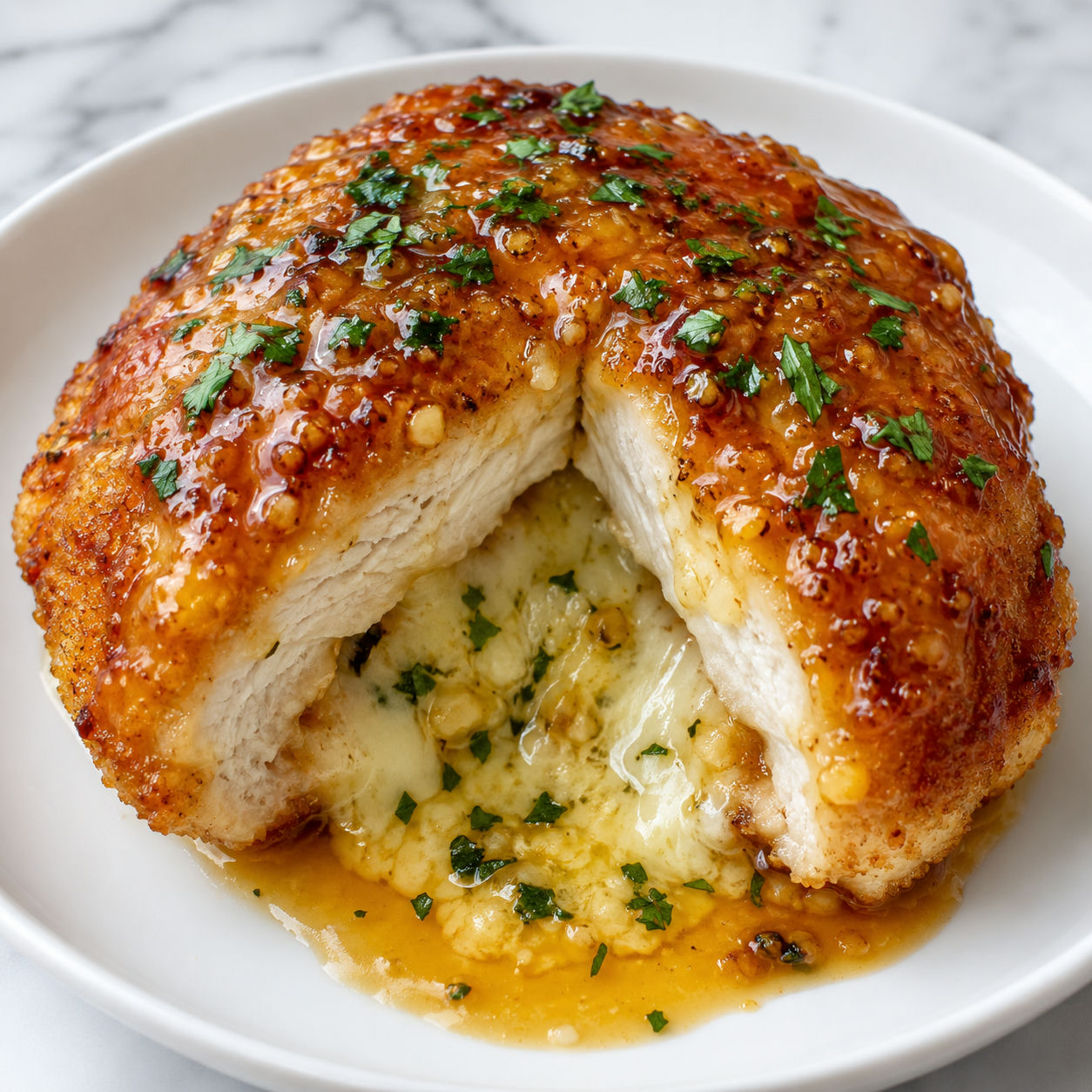 Honey garlic butter stuffed chicken with melted cheese and parsley