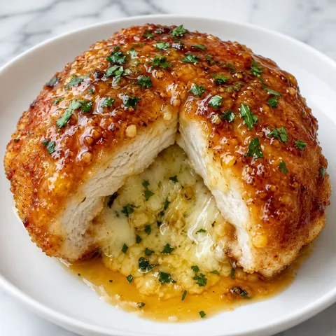 Honey garlic butter stuffed chicken with melted cheese and parsley