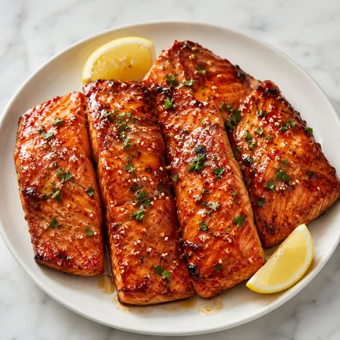 Honey garlic salmon with parsley, sesame seeds, and lemon on a white platter