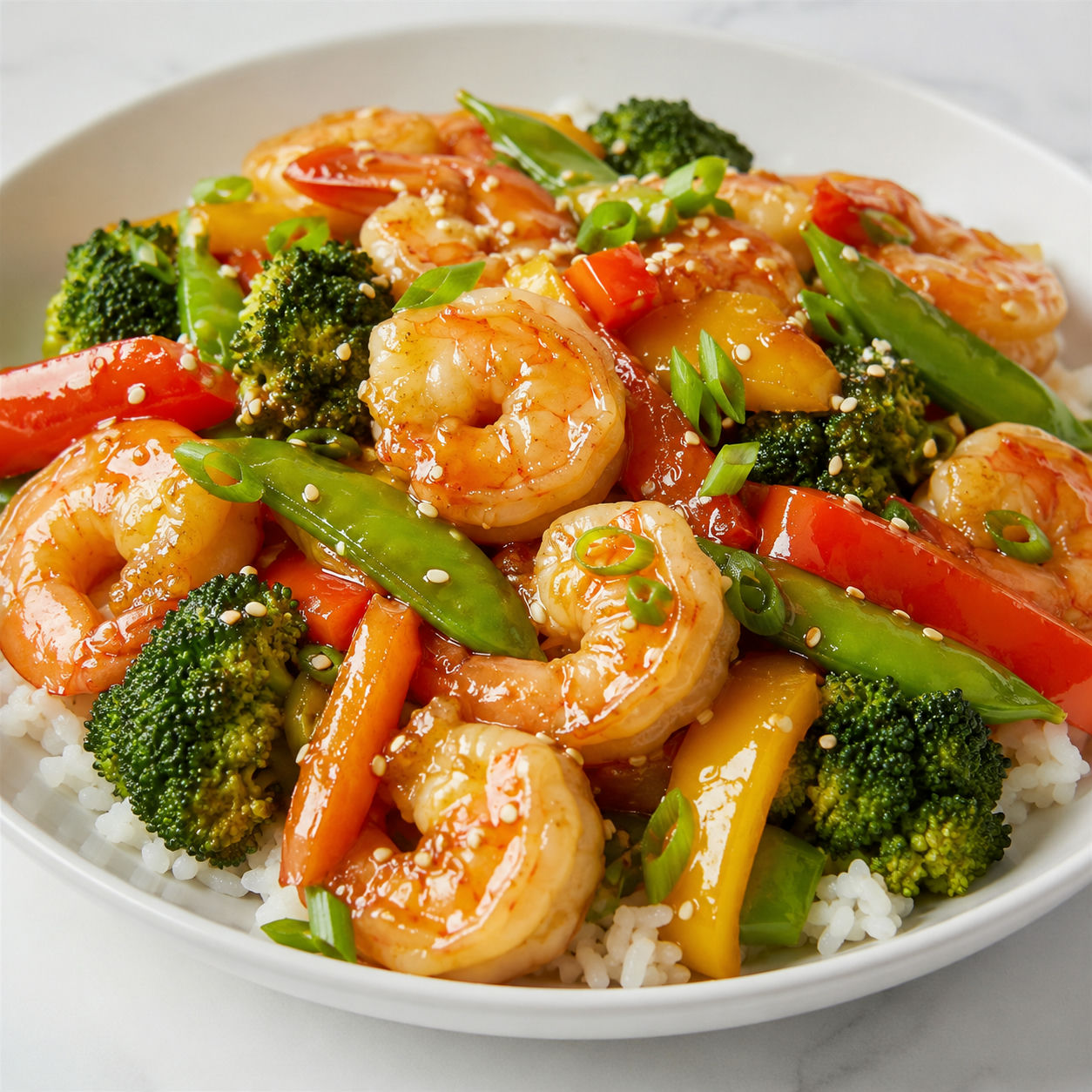 Honey garlic shrimp stirfry with broccoli, peppers, snap peas, and sesame
