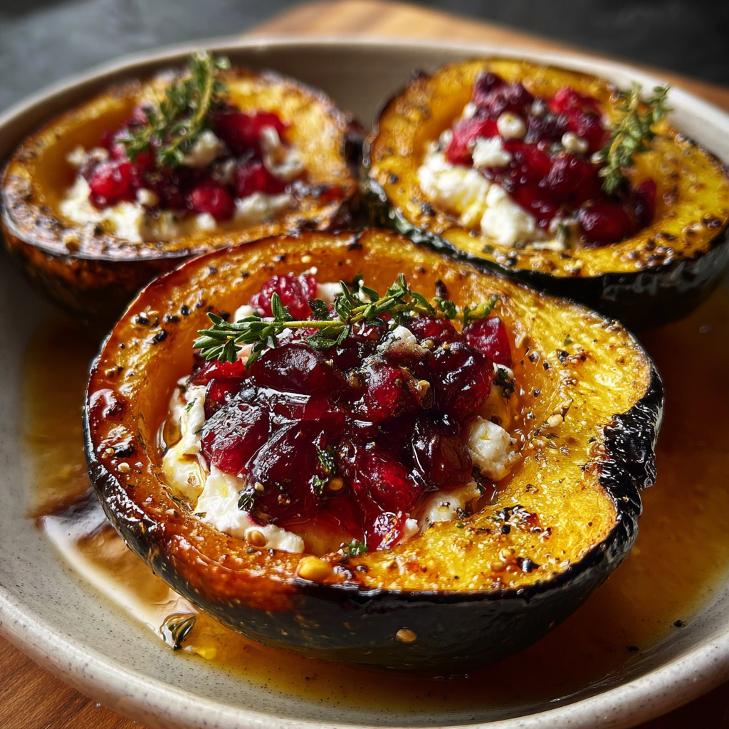 Honey Glazed Acorn Squash with Goat Cheese and Cranberry Drizzle