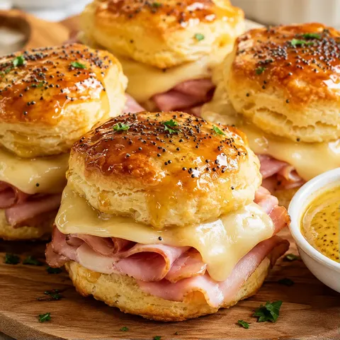 Honey ham biscuit sliders with melted Swiss and glossy poppy seed tops