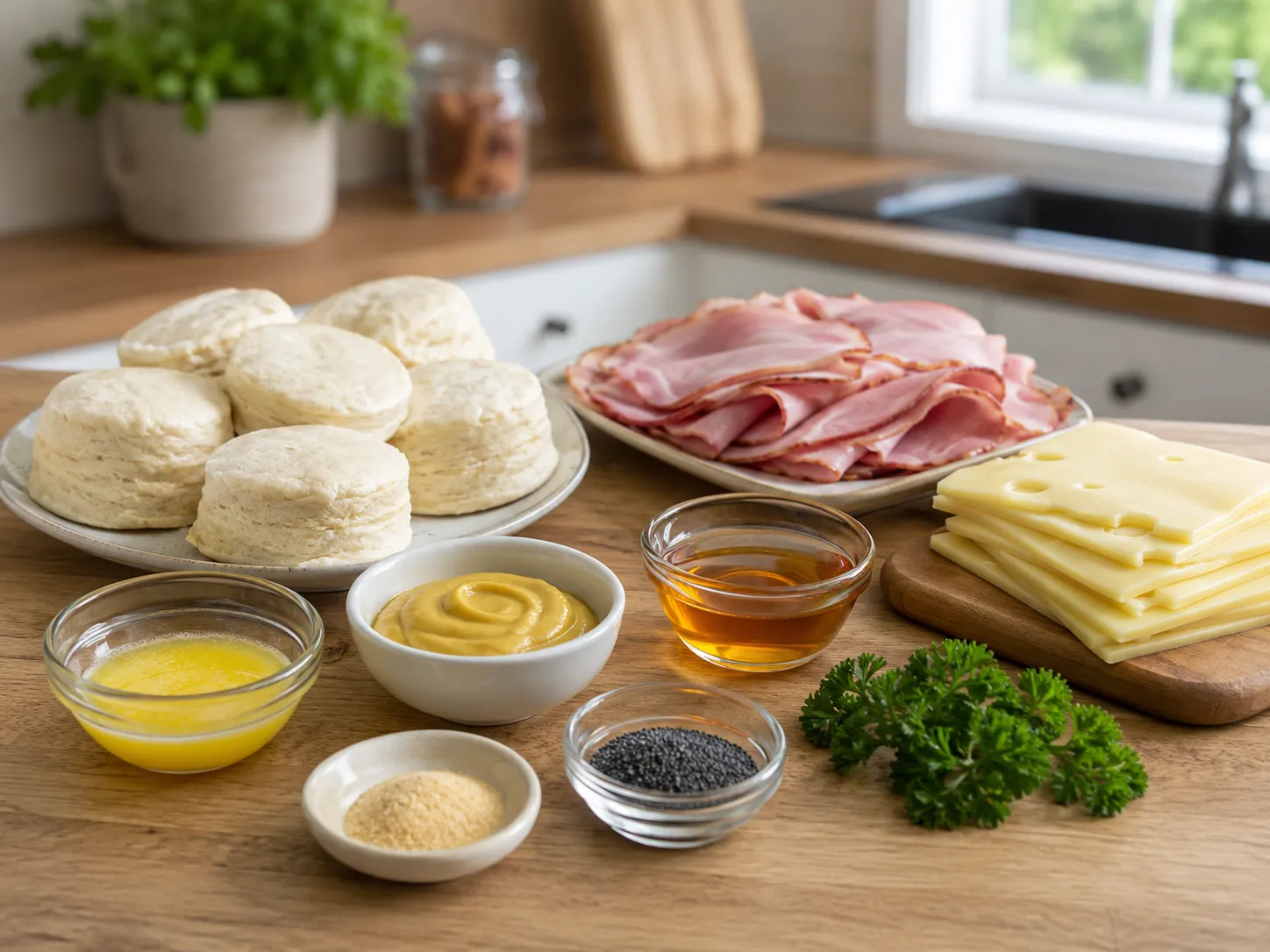 Ingredients for honey ham biscuit sliders with ham, Swiss, biscuits, and honey mustard