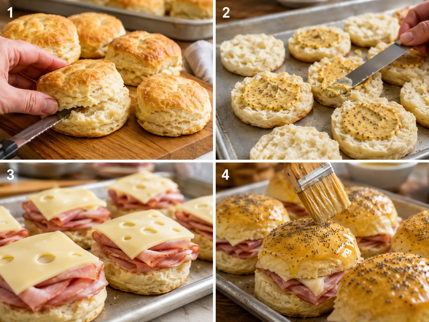 Four cooking steps for honey ham biscuit sliders with glaze and cheese