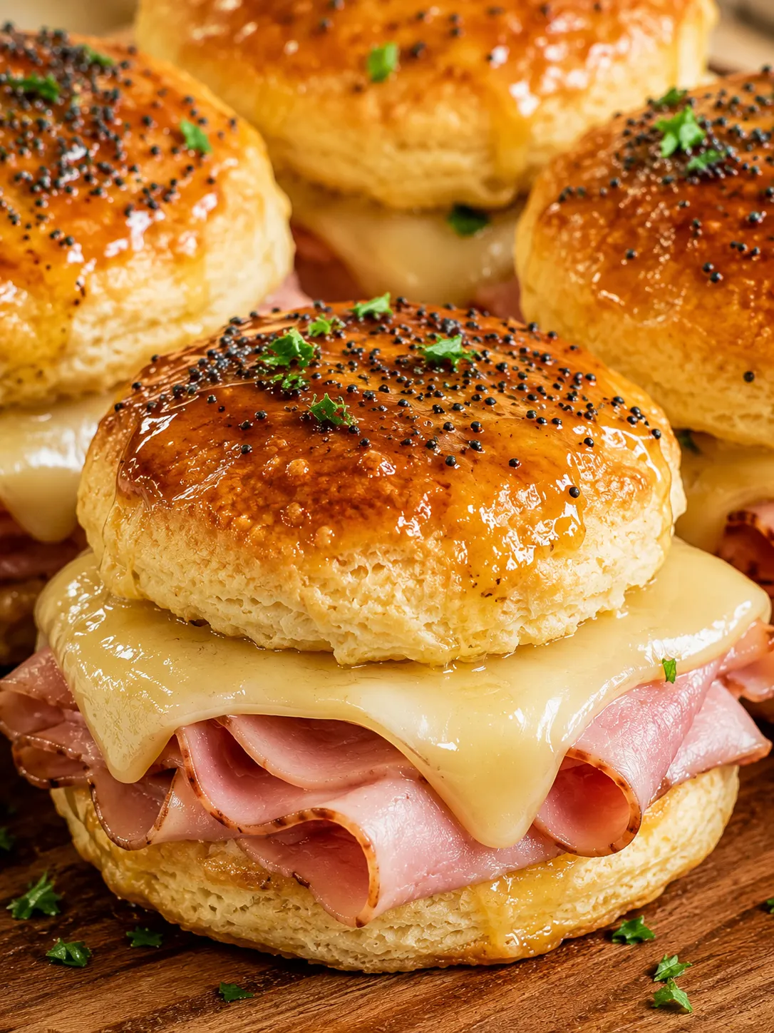 Warm honey ham biscuit sliders with melted Swiss and shiny poppy seed glaze