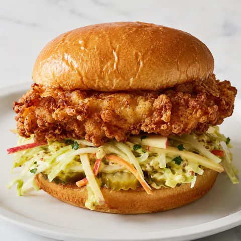 Crispy chicken sandwich with honey mustard slaw and pickles
