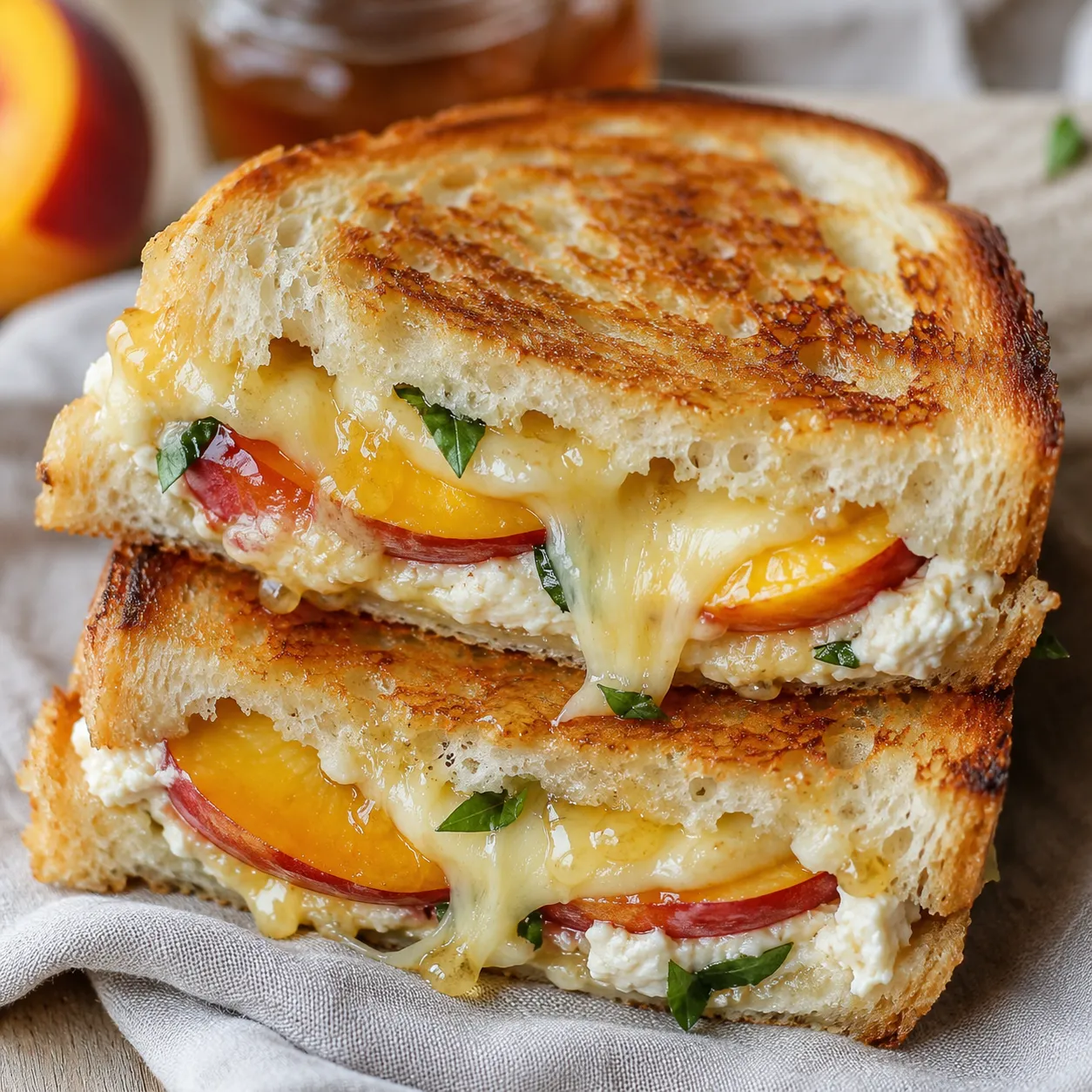 Honey peach white cheddar grilled cheese with basil on crisp sourdough