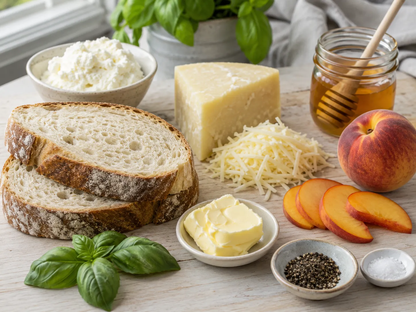 Sourdough, peaches, white cheddar, ricotta, honey, basil, and butter