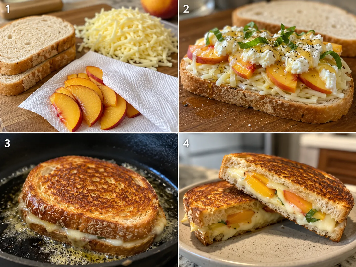 Four steps for making honey peach white cheddar grilled cheese