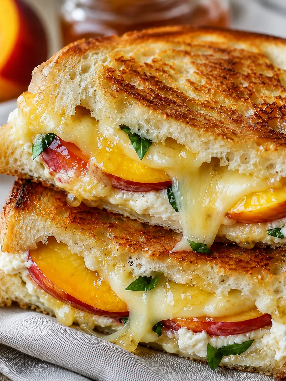 Crisp honey peach white cheddar grilled cheese with melted cheese and basil
