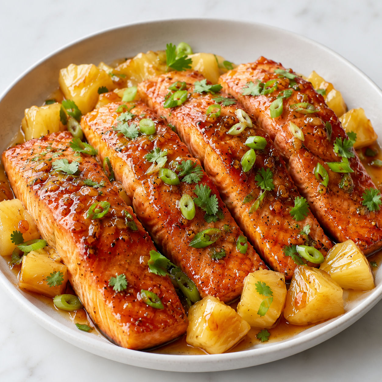 Honey pineapple glazed salmon with pineapple chunks and green onion
