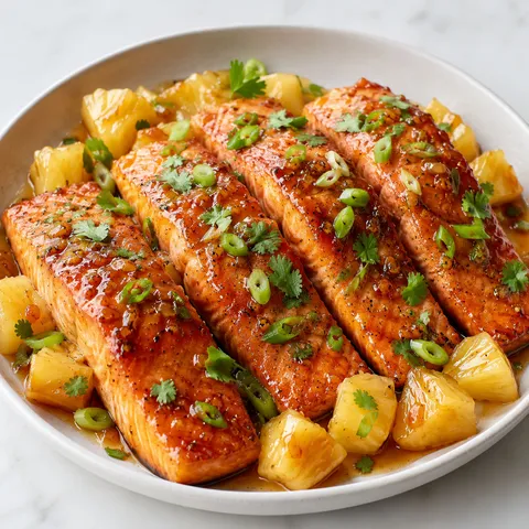 Honey pineapple glazed salmon with pineapple chunks and green onion