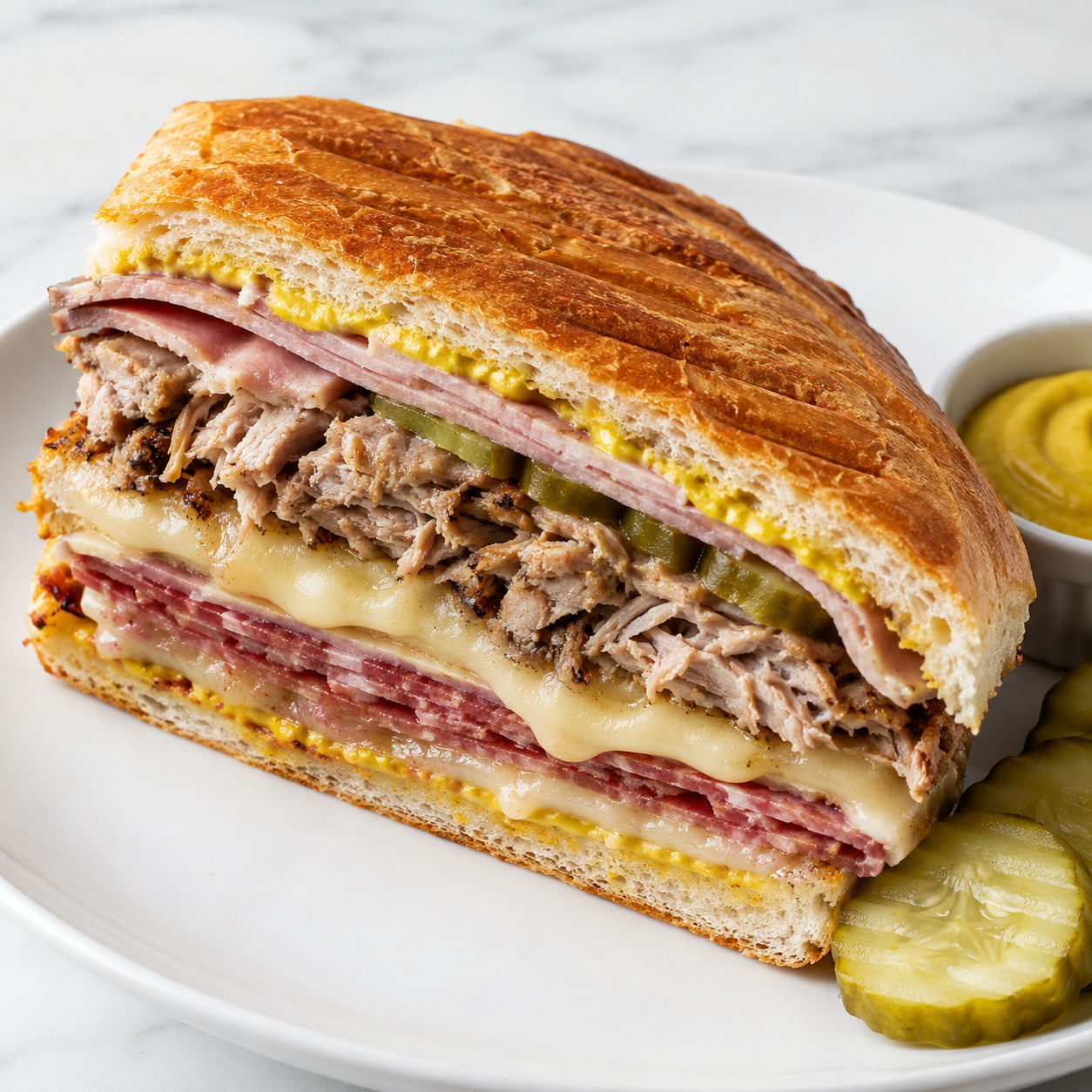 Loaded Cuban sandwich with pork, ham, Swiss, salami, mustard, and pickles