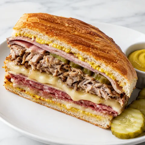 Loaded Cuban sandwich with pork, ham, Swiss, salami, mustard, and pickles