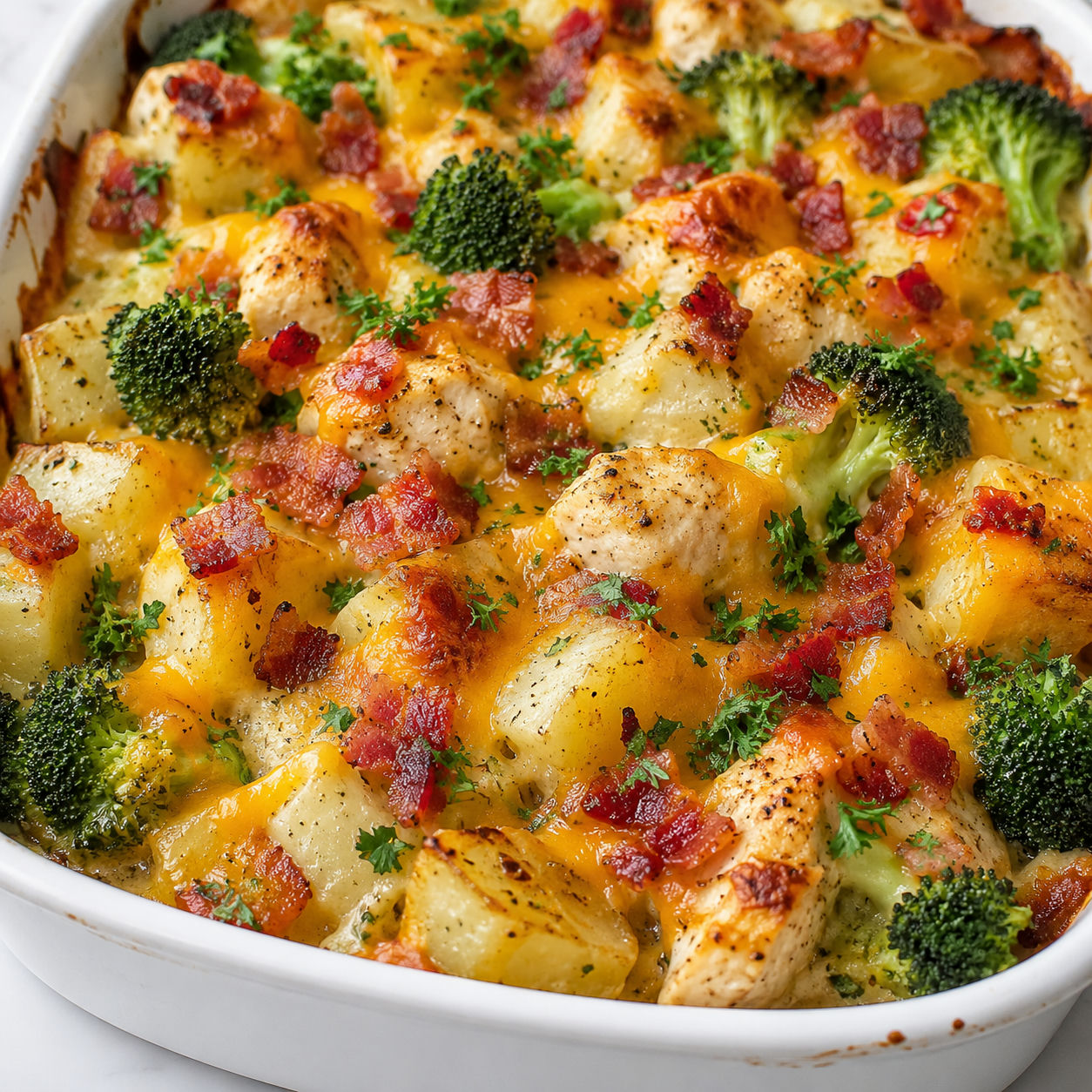 Loaded chicken potato bake with bacon, broccoli, cheddar, and parsley