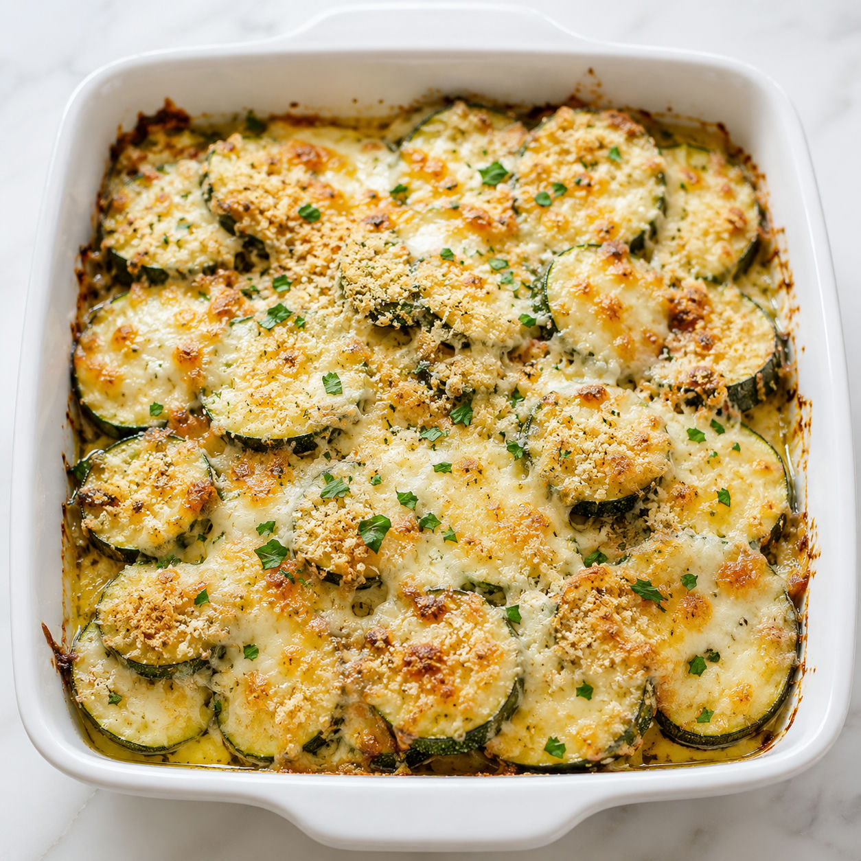 Baked zucchini and cheese with golden crumbs and parsley in a ceramic dish