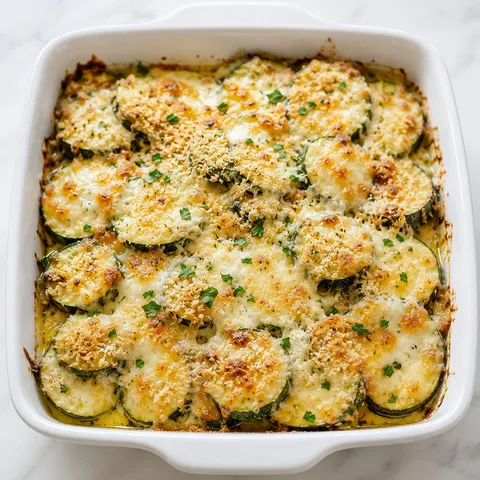 Baked zucchini and cheese with golden crumbs and parsley in a ceramic dish