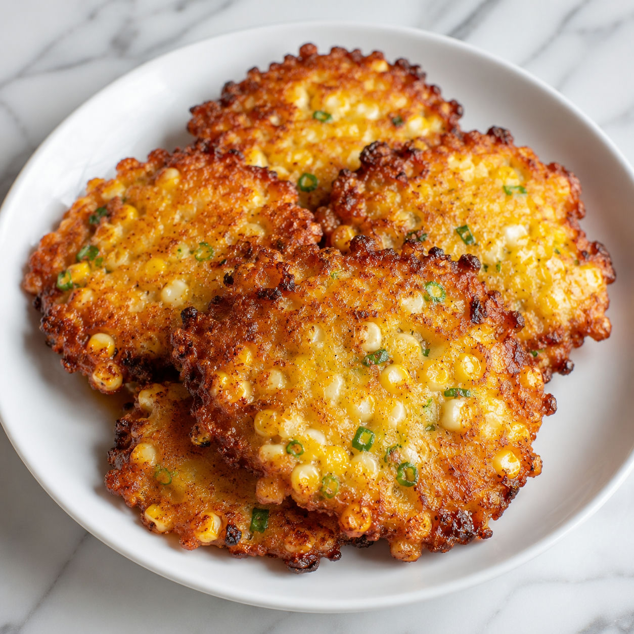Golden cheesy corn fritters with scallions, sour cream, and lime