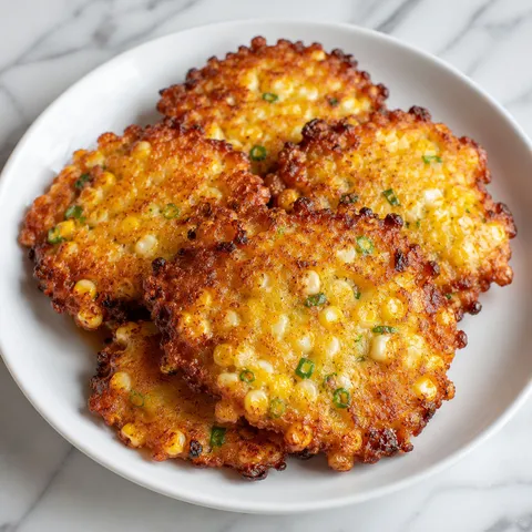 Golden cheesy corn fritters with scallions, sour cream, and lime
