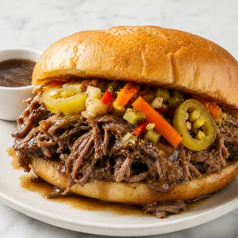 Italian beef sandwich with giardiniera and sweet peppers on a French roll