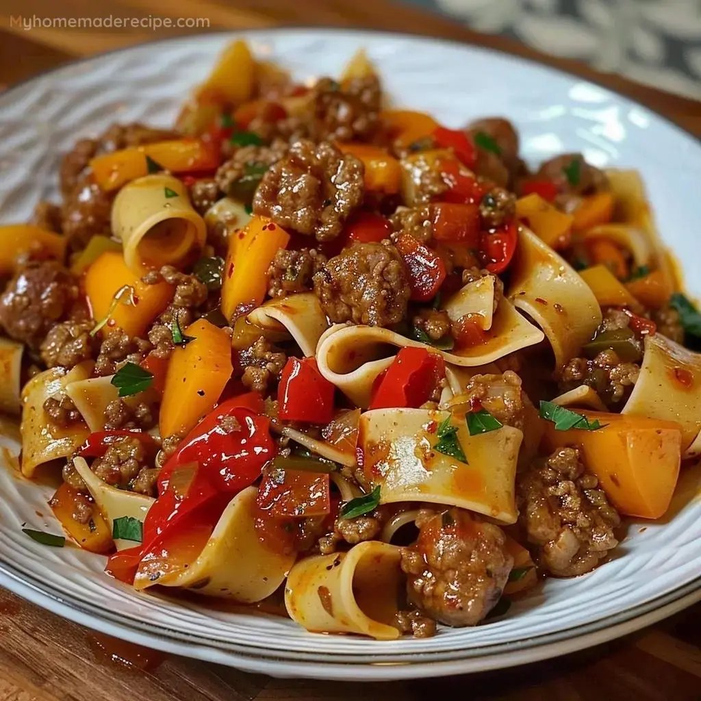 Italian Drunken Noodles with Sausage and Bell Peppers