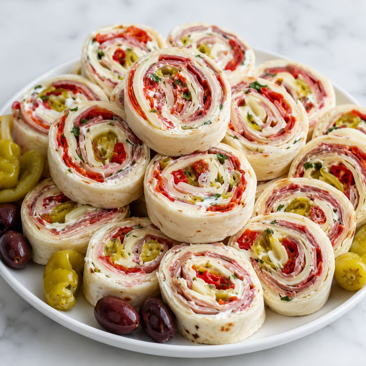 Italian Pinwheels with salami, provolone, peppers, and cream cheese
