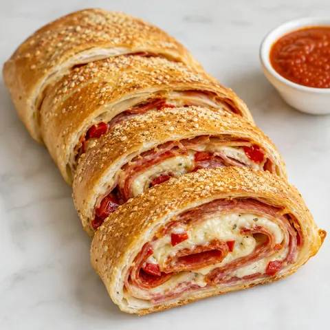 Sliced Italian stromboli stuffed with meats, peppers and melted cheese