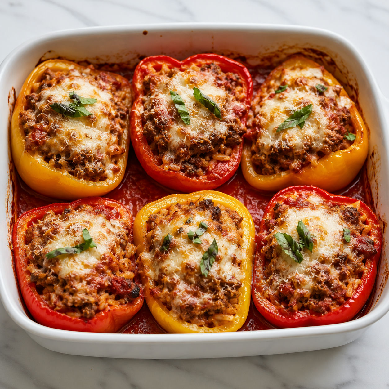 Italian stuffed peppers with beef, rice, marinara, mozzarella, and basil