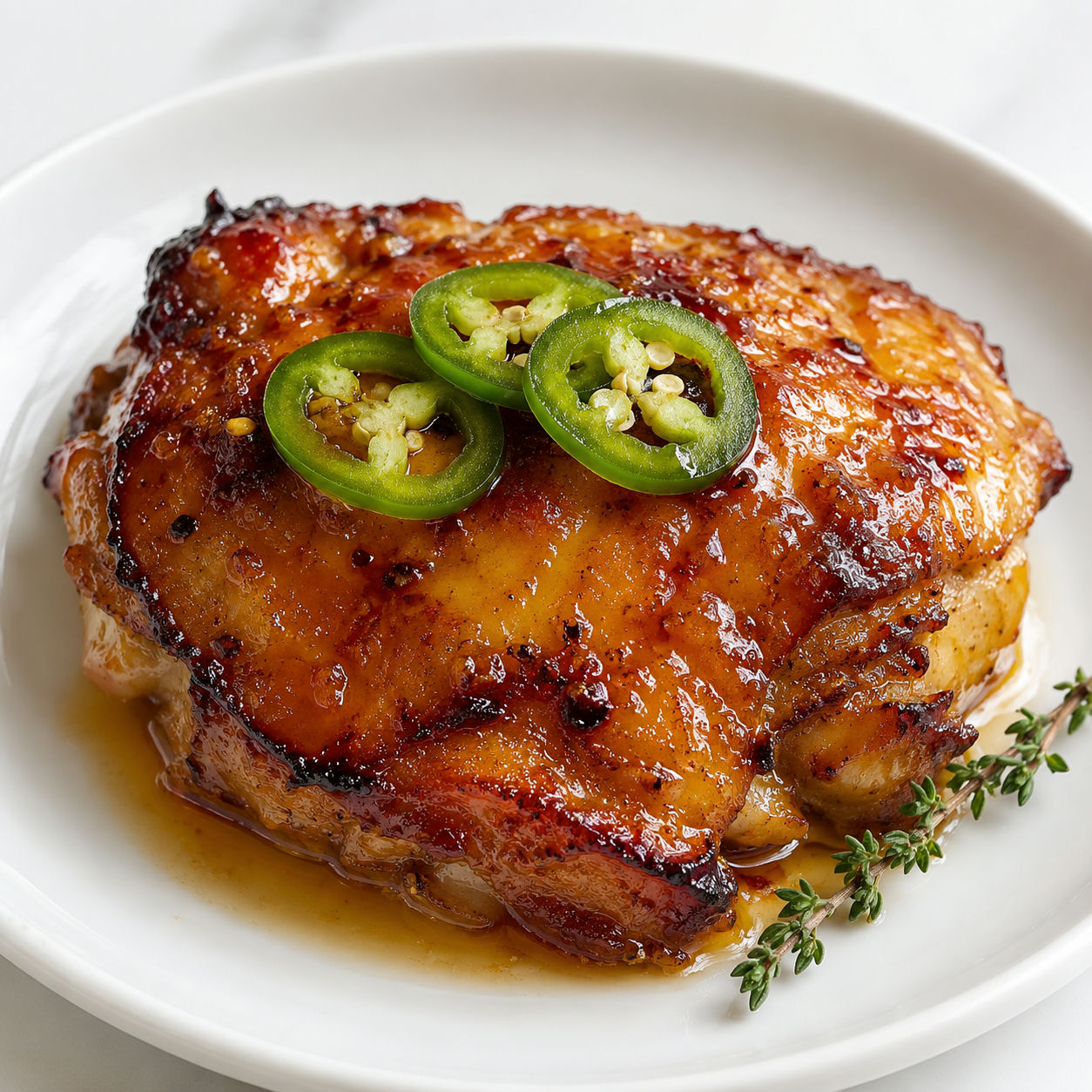 Jalapeño peach glazed chicken thigh with caramelized glaze and jalapeño slices on a white plate