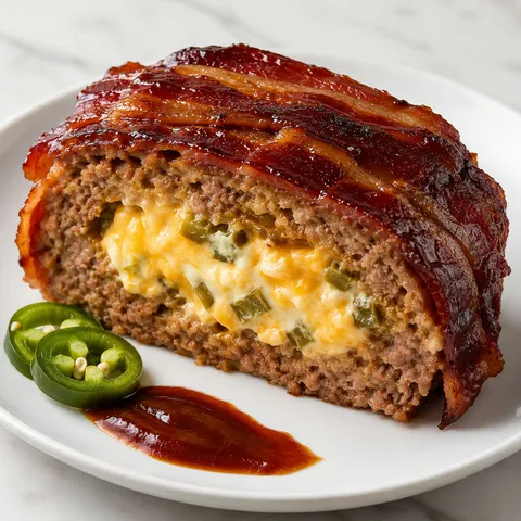 Thick slice of smoky jalapeño popper meatloaf with cream cheese filling and caramelized BBQ glaze