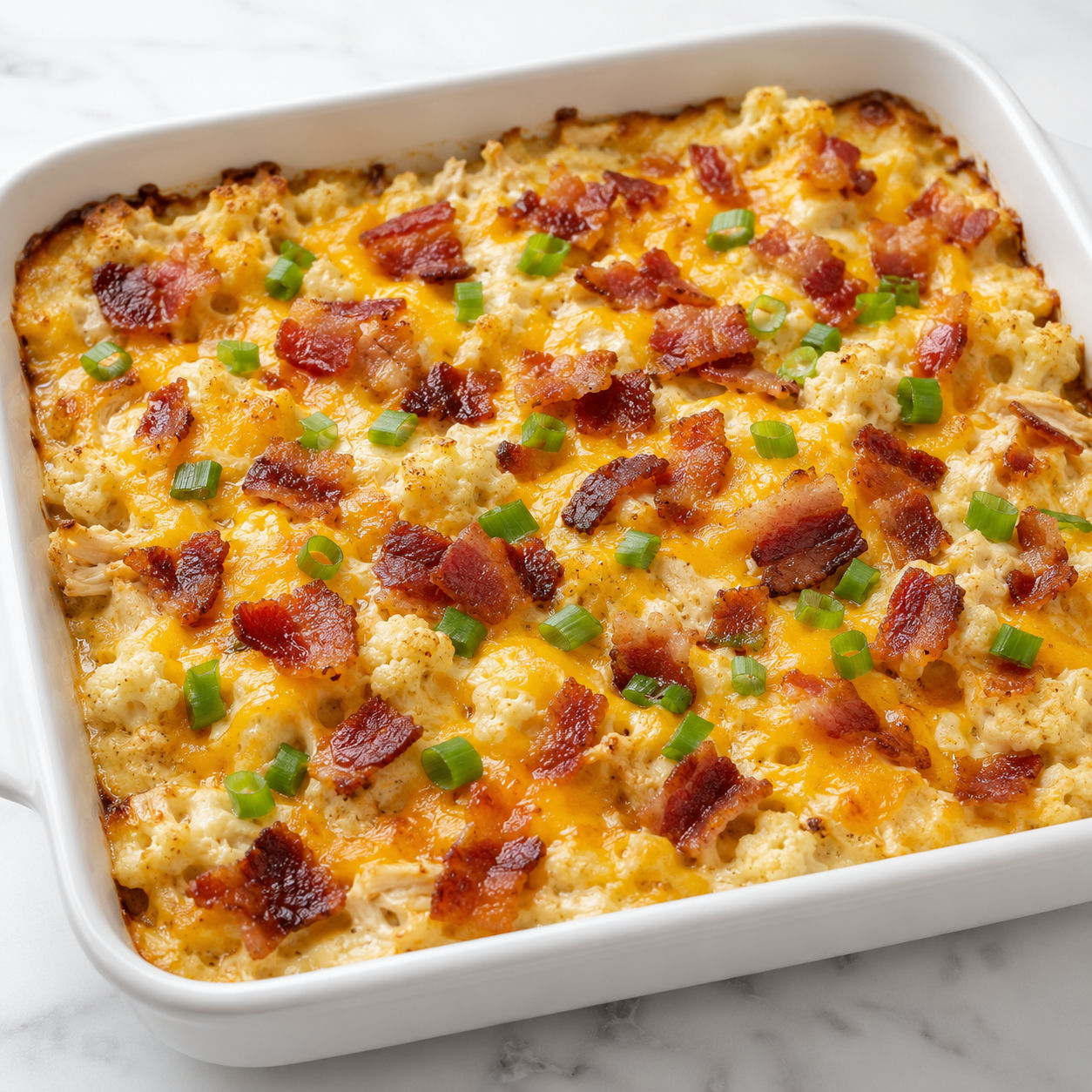 Keto chicken bacon ranch casserole with cheddar, bacon, and green onions