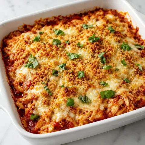 Keto chicken parmesan casserole with melted mozzarella and basil