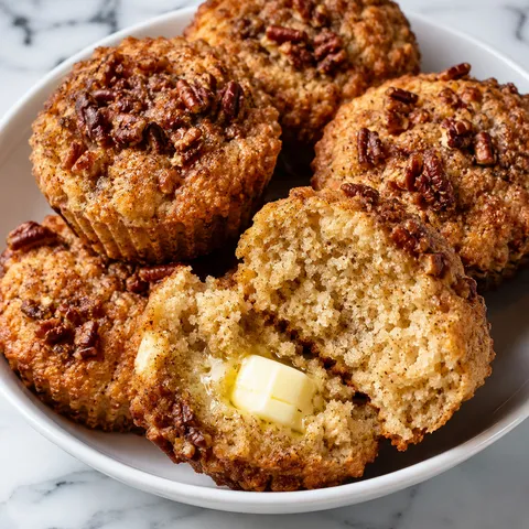 Keto cinnamon pecan cottage cheese muffins with toasted pecan tops
