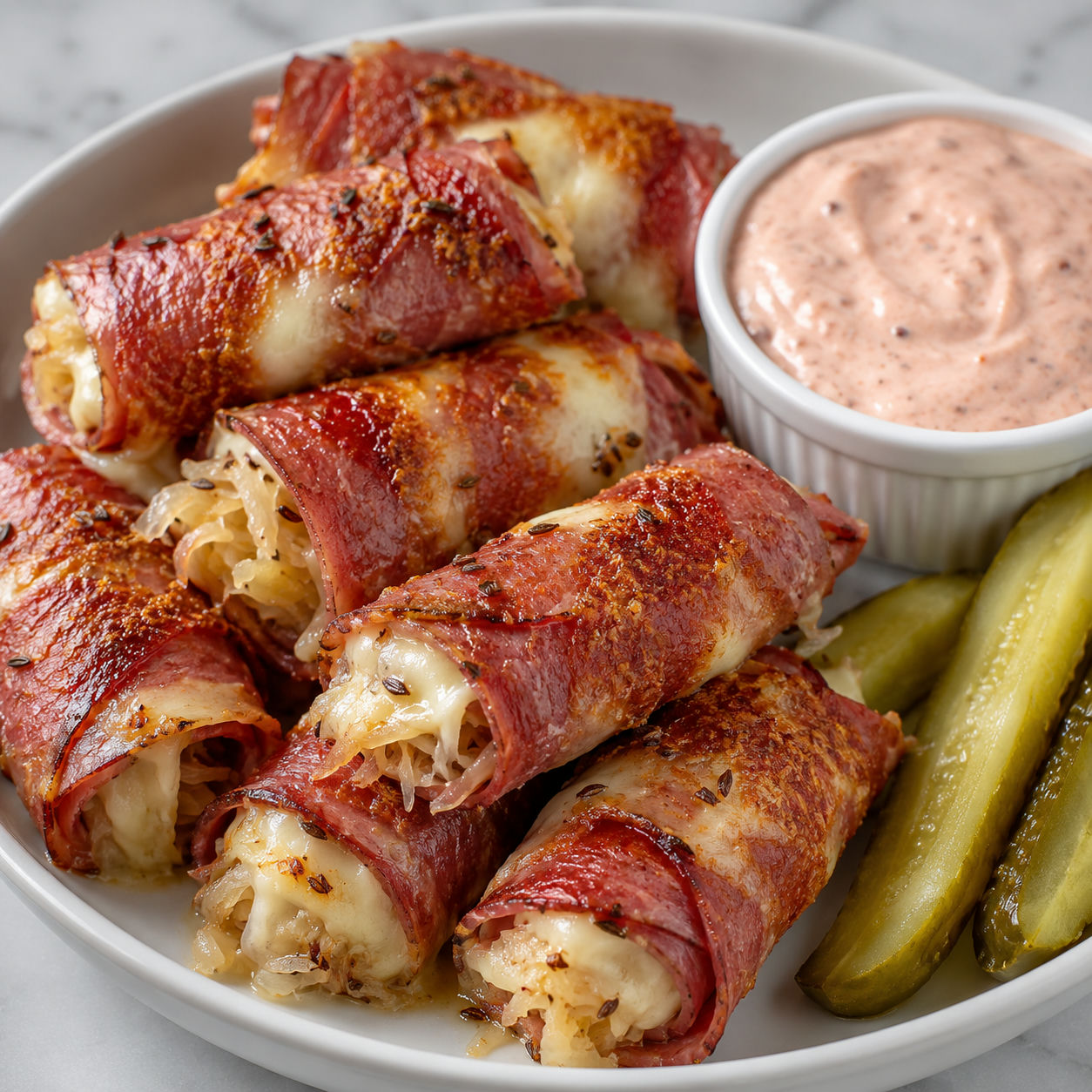 Keto Reuben roll-ups with melted Swiss, sauerkraut, and dipping sauce