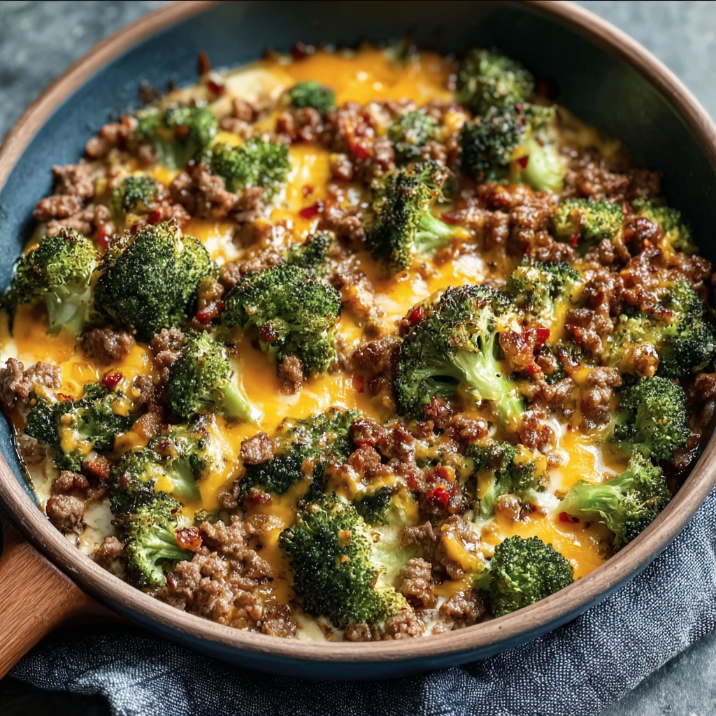 Quick Keto Hamburger Broccoli Skillet with Cheddar Cheese